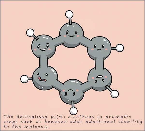 cartoon style image stating that the delocalised pi electrons in aromatic rings adds extra stability